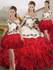 Unique White And Red Off The Shoulder Lace Up Embroidery and Ruffles Sweet 16 Dress Sleeveless