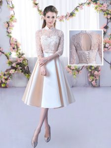 Traditional Champagne Half Sleeves Tea Length Lace and Belt Lace Up Dama Dress