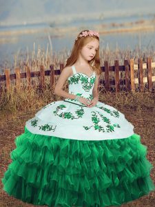 Affordable Sleeveless Lace Up Floor Length Embroidery and Ruffled Layers Kids Pageant Dress