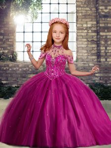 Fuchsia Tulle Lace Up Pageant Gowns For Girls Sleeveless Floor Length Beading