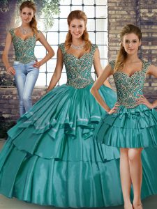 Floor Length Three Pieces Sleeveless Teal Quince Ball Gowns Lace Up