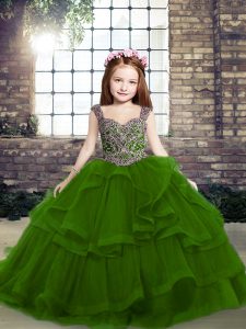 Green Straps Neckline Beading and Ruffles Little Girl Pageant Gowns Sleeveless Lace Up