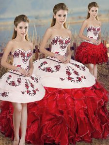 White And Red Organza Lace Up 15 Quinceanera Dress Sleeveless Floor Length Embroidery and Ruffles and Bowknot