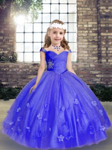 Super Floor Length Blue Little Girls Pageant Gowns Tulle Sleeveless Beading and Hand Made Flower