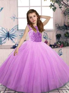 Fashionable Sleeveless Tulle Floor Length Lace Up Pageant Gowns For Girls in Lilac with Beading