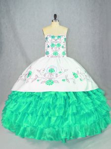 Floor Length Lace Up Ball Gown Prom Dress Turquoise for Sweet 16 and Quinceanera with Embroidery and Ruffled Layers