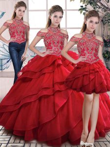 Red Sleeveless Beading and Ruffles Floor Length Vestidos de Quinceanera