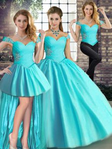 Sleeveless Tulle Floor Length Lace Up Ball Gown Prom Dress in Aqua Blue with Beading