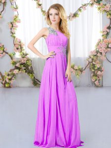 Eye-catching Lilac Empire One Shoulder Sleeveless Chiffon Floor Length Zipper Beading Court Dresses for Sweet 16