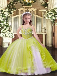 Excellent Yellow Green Straps Neckline Beading Little Girls Pageant Dress Sleeveless Lace Up