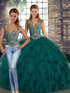 Straps Sleeveless Sweet 16 Dresses Floor Length Beading and Ruffles Peacock Green Organza