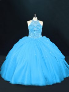 On Sale Aqua Blue Tulle Lace Up Halter Top Sleeveless Floor Length Quinceanera Dresses Beading