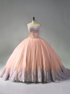 Peach Sleeveless Tulle Court Train Lace Up 15 Quinceanera Dress for Sweet 16 and Quinceanera