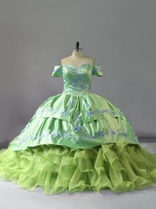 Yellow Green Sleeveless Embroidery and Ruffles Lace Up Quinceanera Gowns