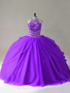 Sleeveless Floor Length Beading Lace Up Quinceanera Dresses with Purple