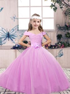 Hot Sale Lilac Ball Gowns Lace and Belt Little Girl Pageant Dress Lace Up Tulle Sleeveless Floor Length