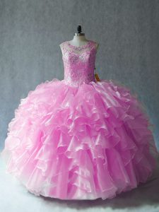 Lilac Ball Gown Prom Dress Sweet 16 and Quinceanera with Beading and Ruffles Scoop Sleeveless Lace Up