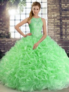 Sumptuous Fabric With Rolling Flowers Scoop Sleeveless Lace Up Beading Sweet 16 Quinceanera Dress in Green