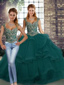 Straps Sleeveless Lace Up Sweet 16 Dress Peacock Green Tulle