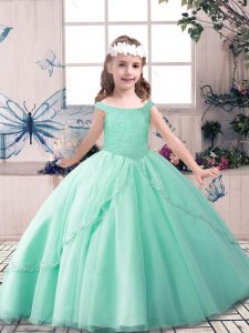 Green Tulle Lace Up Little Girls Pageant Dress Wholesale Sleeveless Floor Length Beading