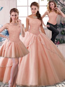 Tulle Sleeveless Quince Ball Gowns Brush Train and Beading