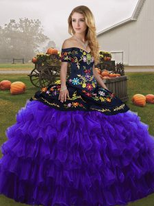 Wonderful Black And Purple Organza Lace Up Off The Shoulder Sleeveless Floor Length Quinceanera Dresses Embroidery and Ruffled Layers