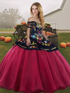 Discount Red And Black Tulle Lace Up Quinceanera Gown Sleeveless Floor Length Embroidery