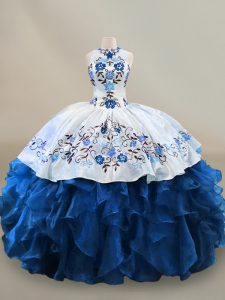 Great Blue And White Sleeveless Organza Lace Up Sweet 16 Dress for Sweet 16 and Quinceanera