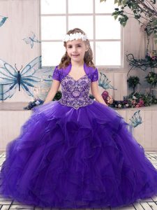 Simple Purple Lace Up Straps Beading Child Pageant Dress Tulle Sleeveless