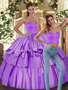 Sleeveless Satin Floor Length Backless 15th Birthday Dress in Lilac with Ruffled Layers