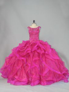 Hot Pink Ball Gowns Scoop Sleeveless Organza Brush Train Lace Up Beading and Ruffles Quinceanera Dresses