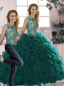 Fabulous Organza Scoop Sleeveless Lace Up Beading and Ruffles Sweet 16 Dresses in Peacock Green