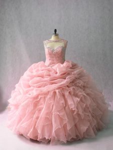 Hot Selling Beading and Ruffles and Pick Ups Quinceanera Dress Pink Lace Up Sleeveless Brush Train