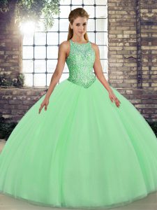 Green Tulle Lace Up Quinceanera Dresses Sleeveless Floor Length Embroidery