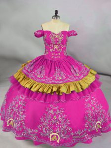 Amazing Fuchsia Side Zipper Off The Shoulder Embroidery Sweet 16 Dresses Satin Sleeveless