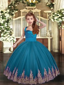 Eye-catching Teal Straps Neckline Appliques and Ruching Little Girls Pageant Dress Sleeveless Lace Up