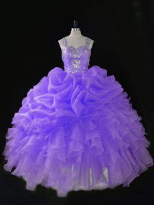 Floor Length Zipper Sweet 16 Dress Lavender for Sweet 16 and Quinceanera with Beading and Ruffles and Pick Ups