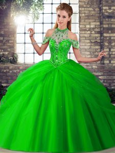 Cheap Green Sleeveless Brush Train Beading and Pick Ups Ball Gown Prom Dress