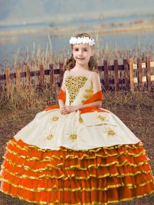 Orange Red Lace Up Straps Beading and Embroidery and Ruffled Layers Pageant Gowns For Girls Organza Sleeveless