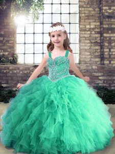 Beauteous Floor Length Turquoise Little Girls Pageant Dress Wholesale Tulle Sleeveless Beading and Ruffles