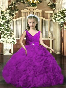 V-neck Sleeveless Fabric With Rolling Flowers Pageant Gowns For Girls Beading and Ruching Backless