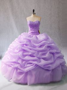 Extravagant Lavender Quince Ball Gowns Sweet 16 and Quinceanera with Beading and Pick Ups Sweetheart Sleeveless Lace Up