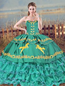 Deluxe Sweetheart Sleeveless Lace Up Sweet 16 Quinceanera Dress Turquoise Satin