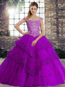 Customized Beading and Lace Quinceanera Gown Purple Lace Up Sleeveless Brush Train