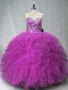 Wonderful Fuchsia Lace Up Sweet 16 Dresses Beading and Ruffles Sleeveless Floor Length