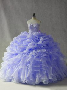 Latest Organza Strapless Sleeveless Brush Train Lace Up Beading and Ruffles and Pick Ups Sweet 16 Dress in Lavender