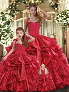 Floor Length Red Vestidos de Quinceanera Organza Sleeveless Ruffles