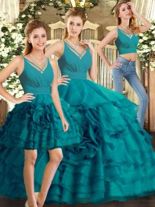 Teal Organza Backless Vestidos de Quinceanera Sleeveless Floor Length Ruffled Layers