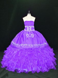 Deluxe Lavender Quinceanera Dress Sweet 16 and Quinceanera with Embroidery and Ruffles Strapless Sleeveless Lace Up