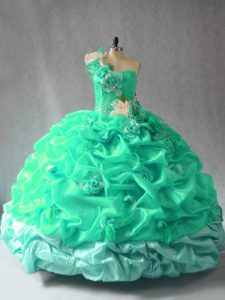 Fitting Turquoise Lace Up Sweet 16 Dress Pick Ups and Hand Made Flower Sleeveless Floor Length